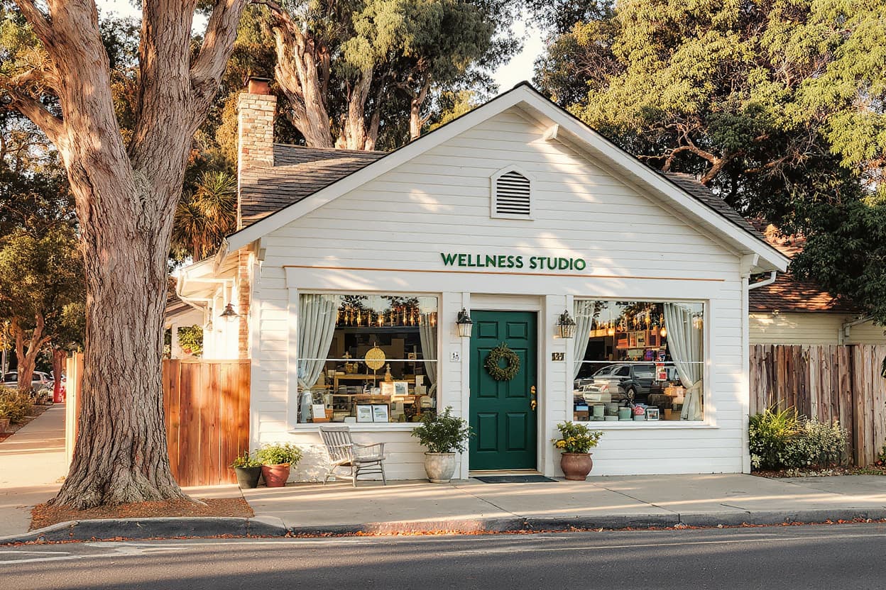 The white storefront of the Pillurrie studio with a deep green door.