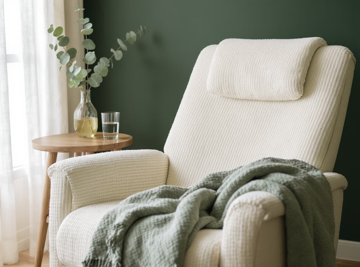 A heated recliner with a folded sage blanket in the treatment room.